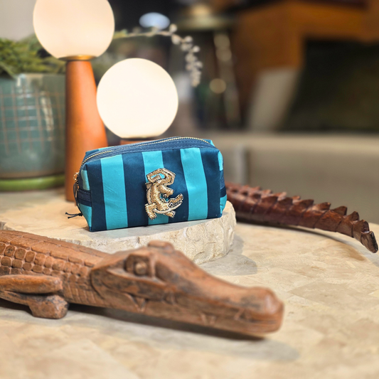Teal Stripe Velvet Makeup Bag & Crocodile Brooch Set