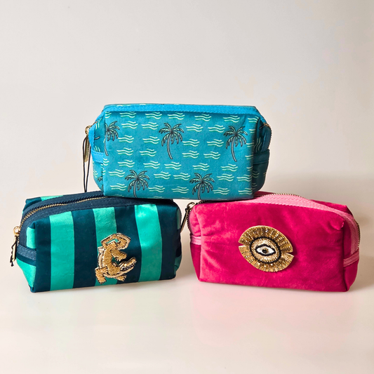 Teal Palm Tree Velvet Makeup Bag