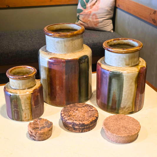 Vintage | 1970s Glazed Stoneware Canisters with Cork Lids | Set of 3