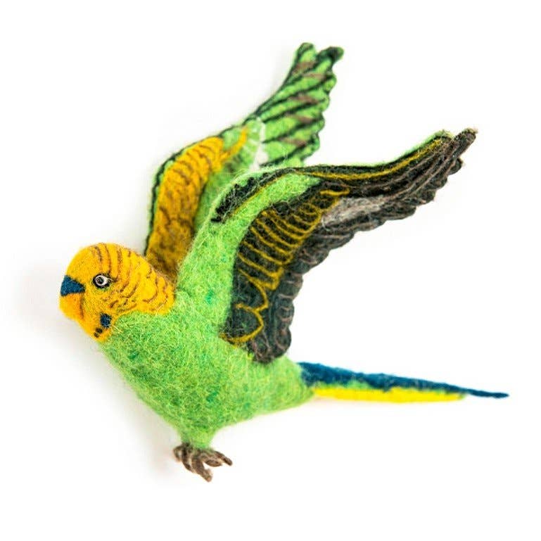 Green Budgie - Flying Wall Trio - Hand Felted - FAWNE