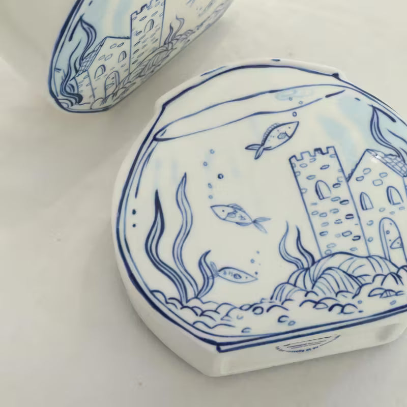 Fish Bowl - Ceramic Flower Vase - Blue & White -