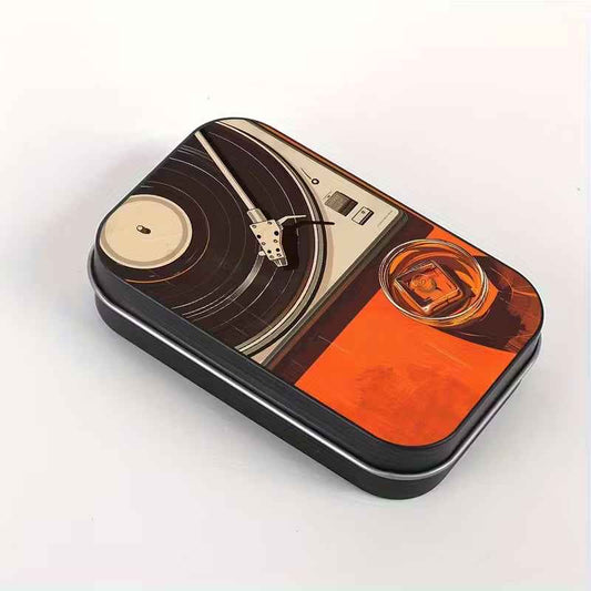 Vinyl Record - Metal Storage Tin & 5 Pin Set - Orange & Black