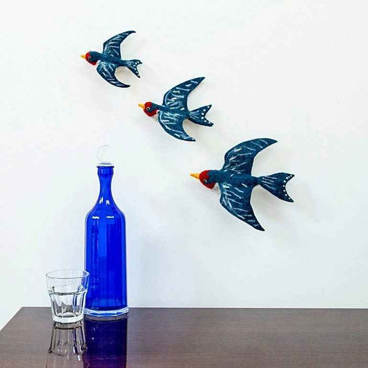 Blue Swallows - Flying Wall Trio - Hand Felted
