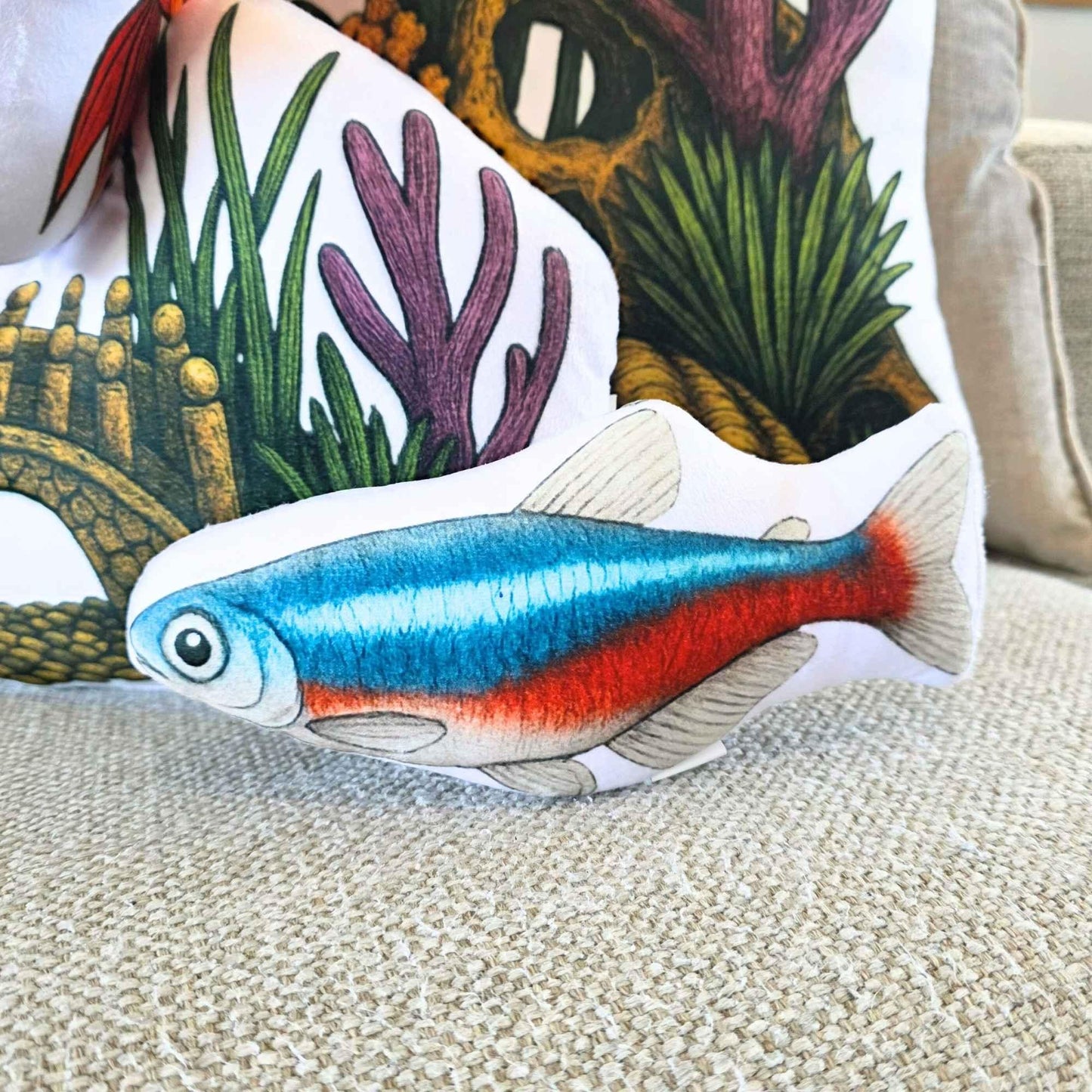 Neon Tetra Fish-Shaped Cushion 20cm | FAWNE