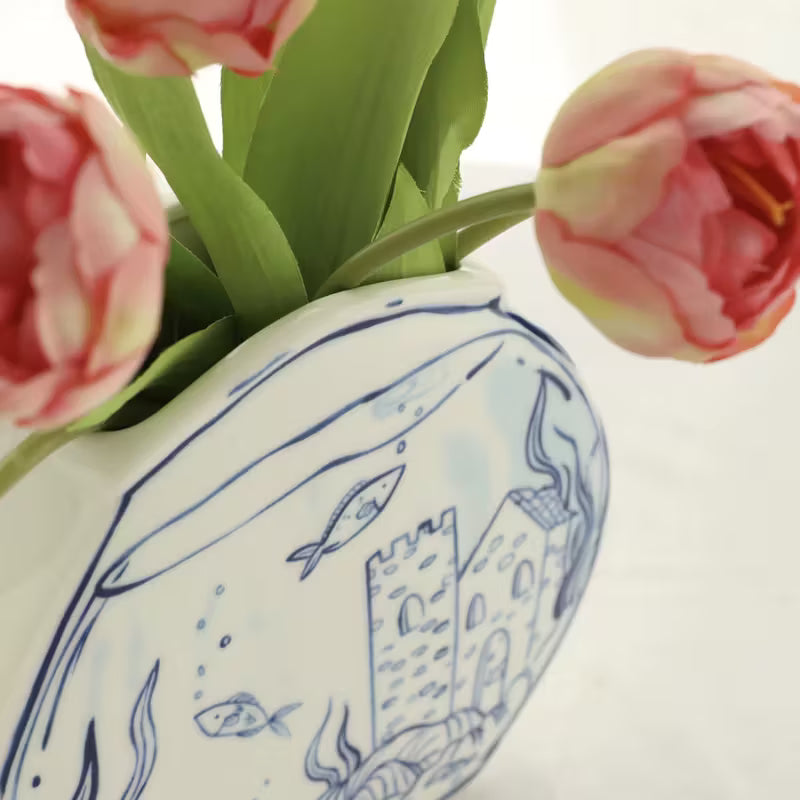 Fish Bowl - Ceramic Flower Vase - Blue & White -