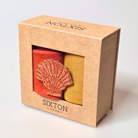 Sock box duo with Coral Shell Brooch - Rust & Mustard Barcelona