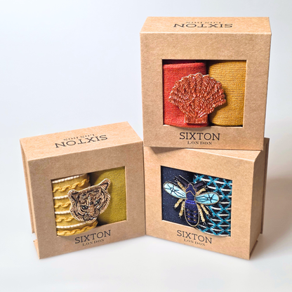 Sock box duo with Coral Shell Brooch - Rust & Mustard Barcelona