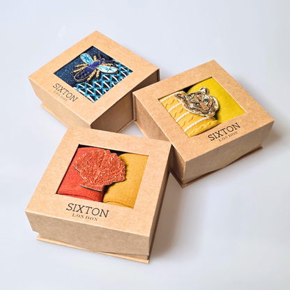 Sock box duo with Coral Shell Brooch - Rust & Mustard Barcelona