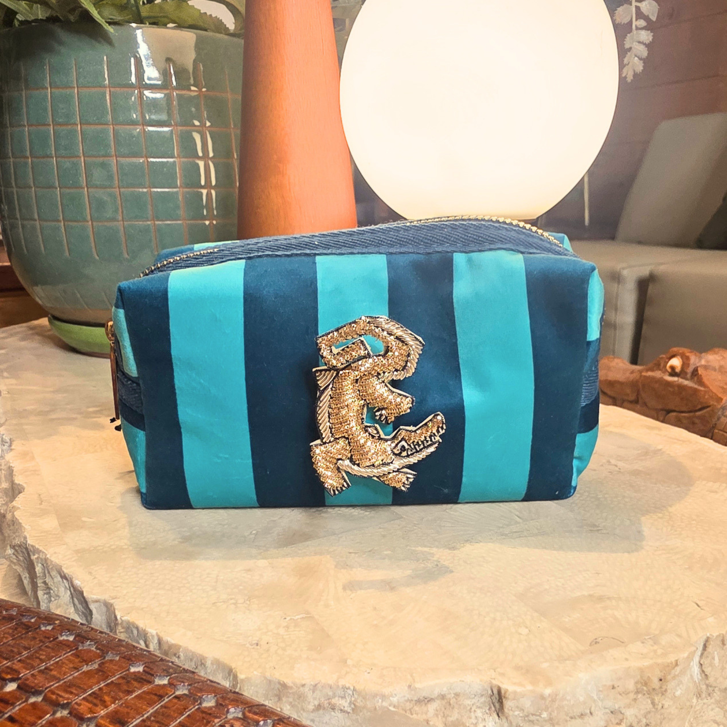 Teal Stripe Velvet Makeup Bag & Crocodile Brooch Set