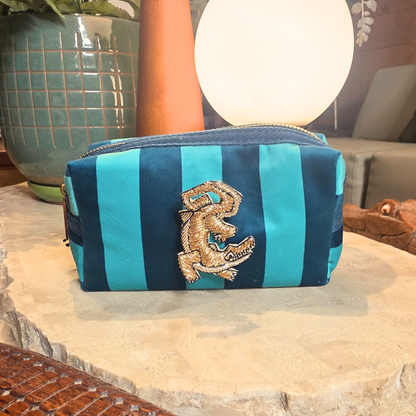 Teal Stripe Velvet Makeup Bag & Crocodile Brooch Set