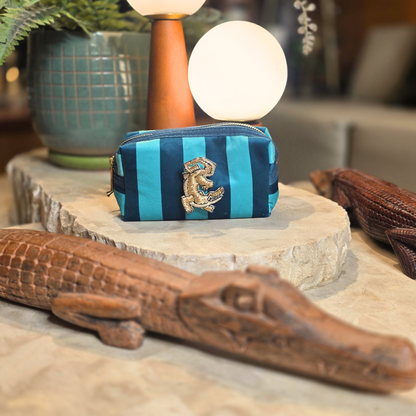 Teal Stripe Velvet Makeup Bag & Crocodile Brooch Set