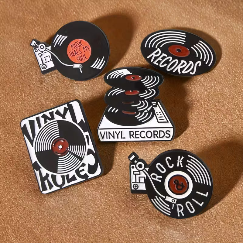Vinyl Record - Metal Storage Tin & 5 Pin Set - Orange & Black
