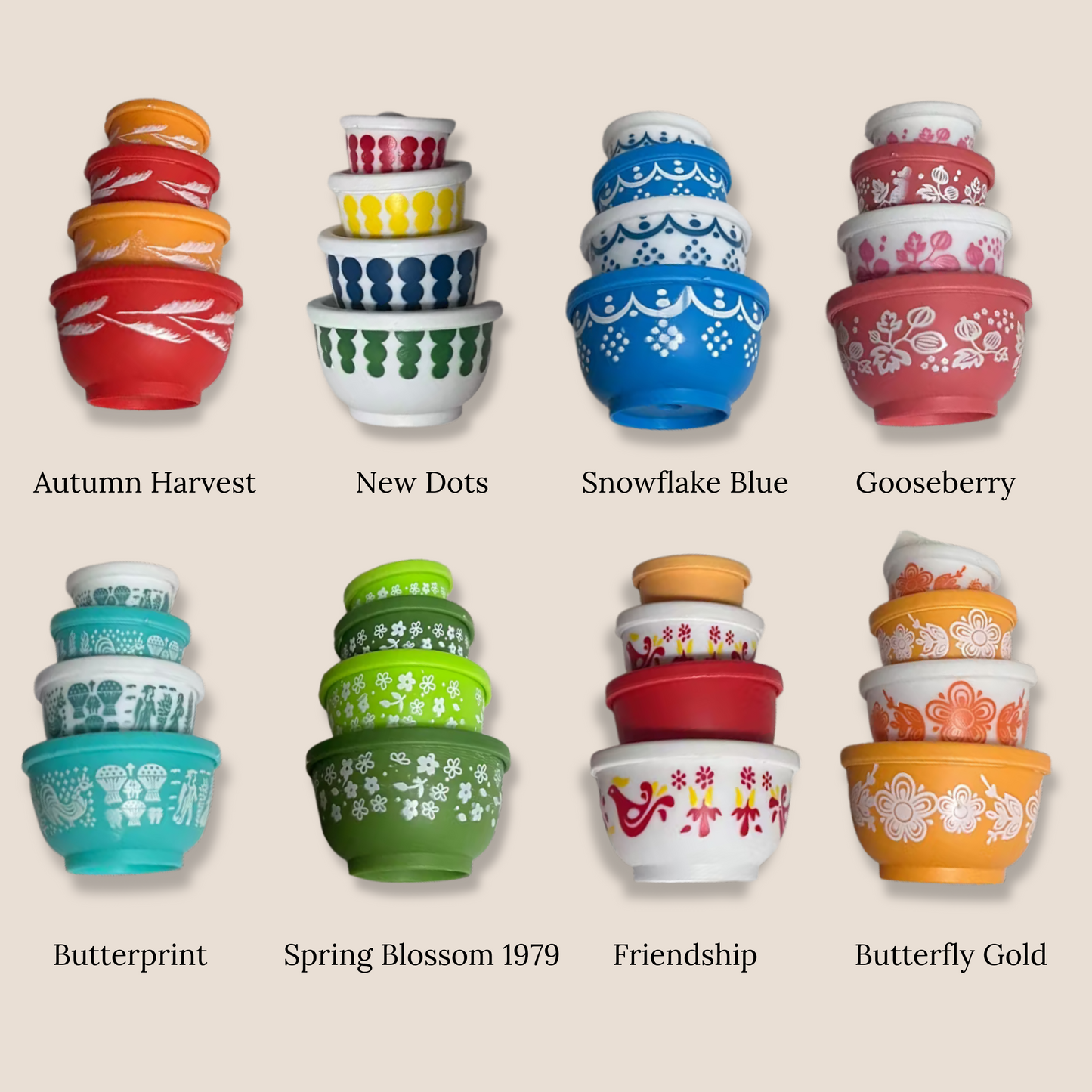 Miniature | Retro Mixing Bowl Set - Autumn Harvest Pattern - Ornament - 8cm