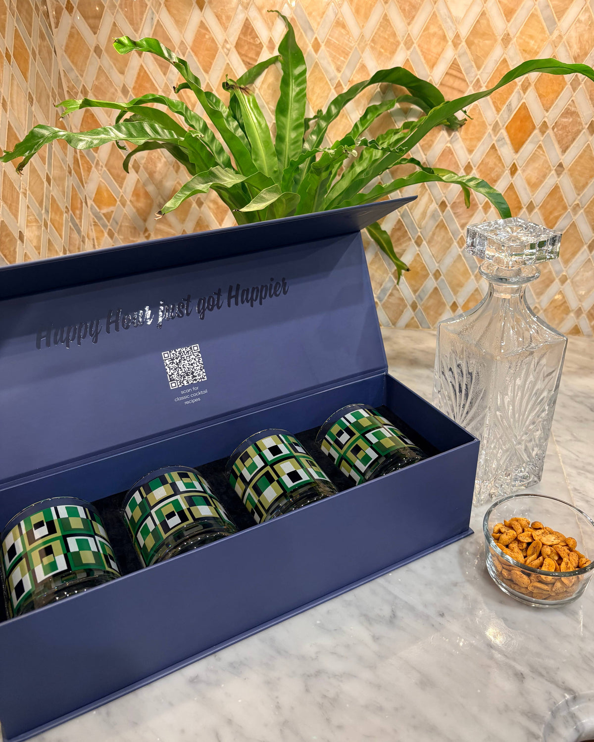 Green Squares Whiskey Glasses | Boxed Set of 4