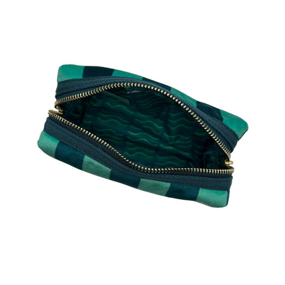 Teal Stripe Velvet Makeup Bag & Crocodile Brooch Set
