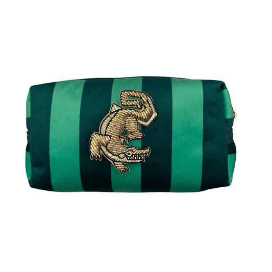 Teal Stripe Velvet Makeup Bag & Crocodile Brooch Set