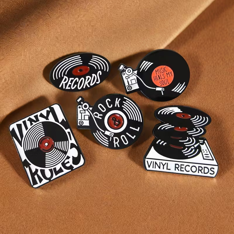 Vinyl Record - Metal Storage Tin & 5 Pin Set - Orange & Black