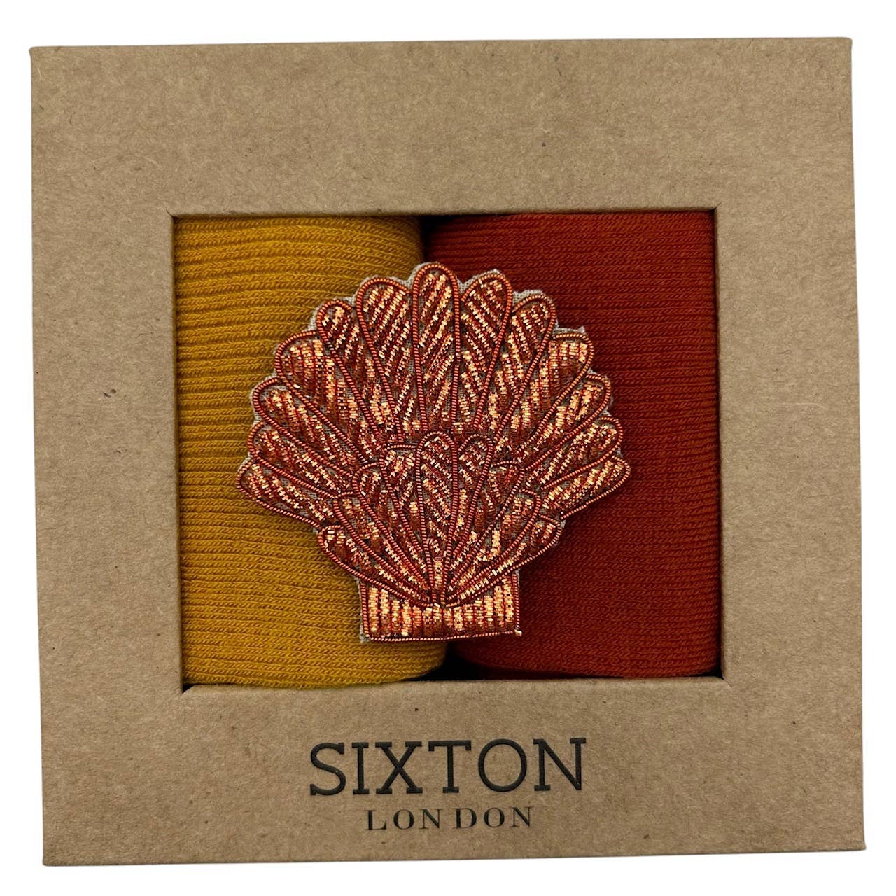 Sock box duo with Coral Shell Brooch - Rust & Mustard Barcelona