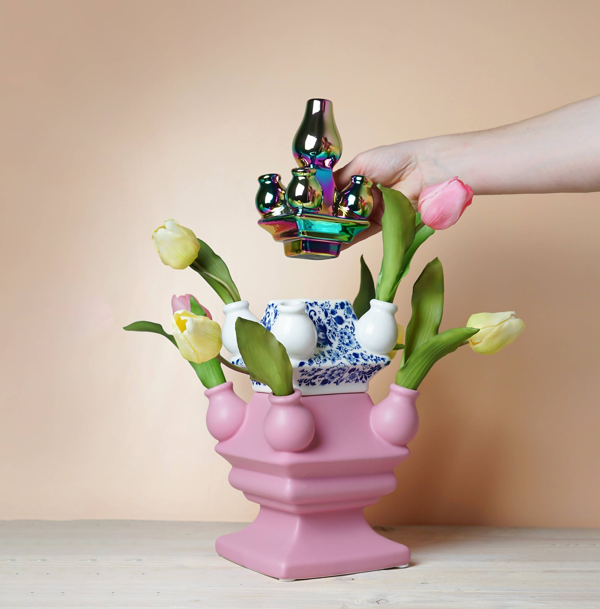 Stackable Vase with base middle and top in different colours and patterns 