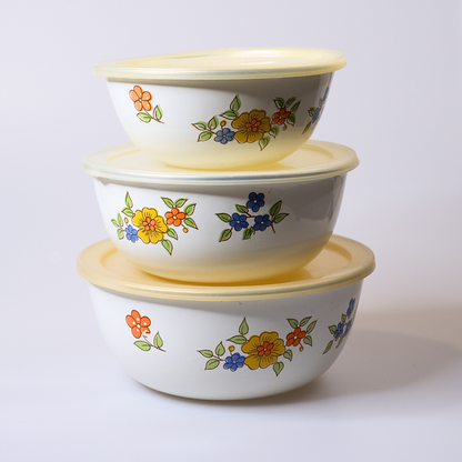Vintage | Enamel Nesting Bowls with Lids | Set of 3 Floral Pattern | Flying Crane