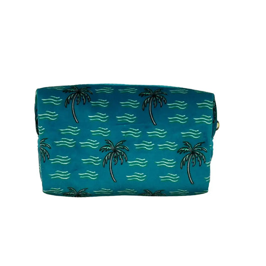 Teal Palm Tree Velvet Makeup Bag