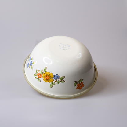 Vintage | Enamel Nesting Bowls with Lids | Set of 3 Floral Pattern | Flying Crane