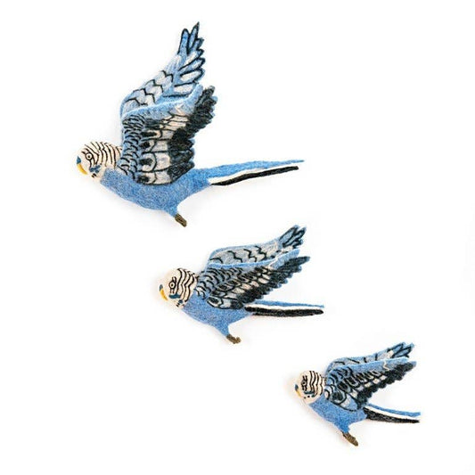 Blue Budgie - Flying Wall Trio - Hand Felted - FAWNE
