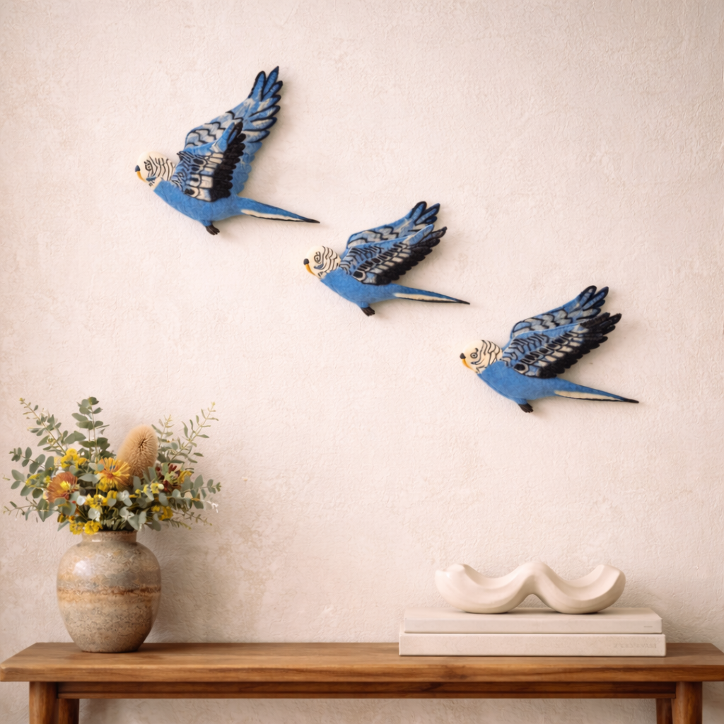 Blue Budgie - Flying Wall Trio - Hand Felted - FAWNE
