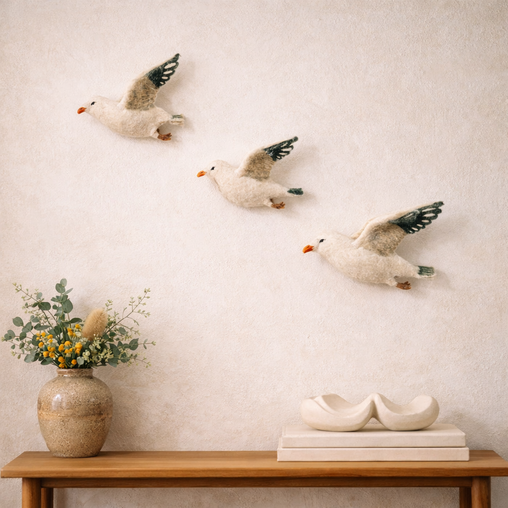 White Seagull - Flying Wall Trio - Hand Felted - FAWNE