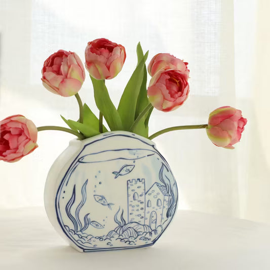 Fish Bowl - Ceramic Flower Vase - Blue & White -
