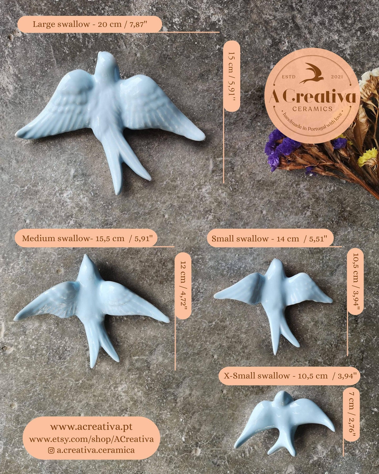 Portuguese Ceramic Swallows – Cobalt Blue – Set of 4