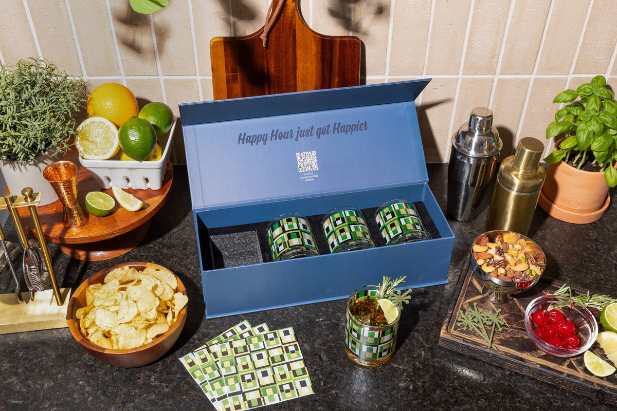 Green Squares Whiskey Glasses | Boxed Set of 4