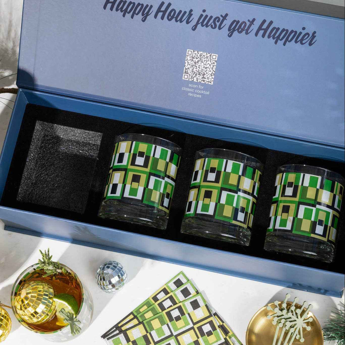 Green Squares Whiskey Glasses | Boxed Set of 4