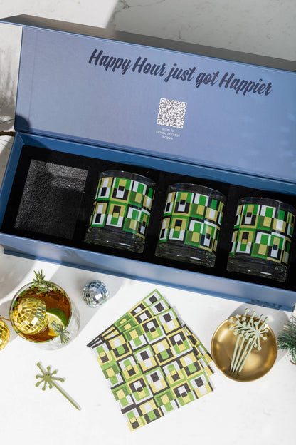 Green Squares Whiskey Glasses | Boxed Set of 4