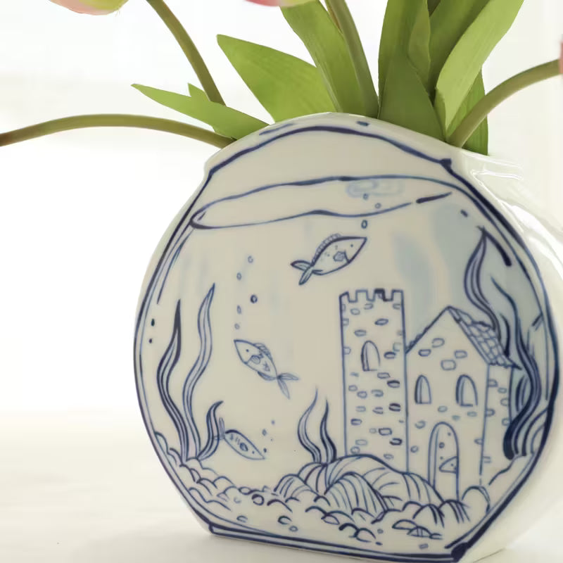Fish Bowl - Ceramic Flower Vase - Blue & White -