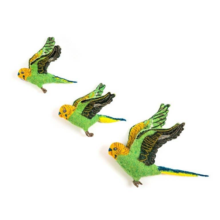 Green Budgie - Flying Wall Trio - Hand Felted - FAWNE