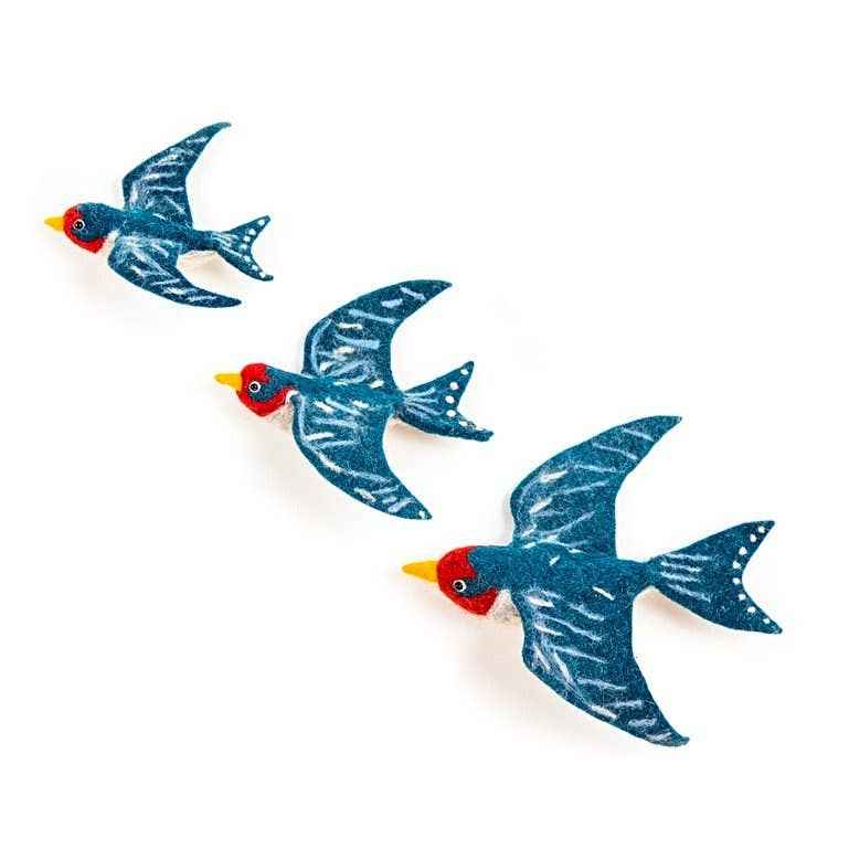 Blue Swallows - Flying Wall Trio - Hand Felted