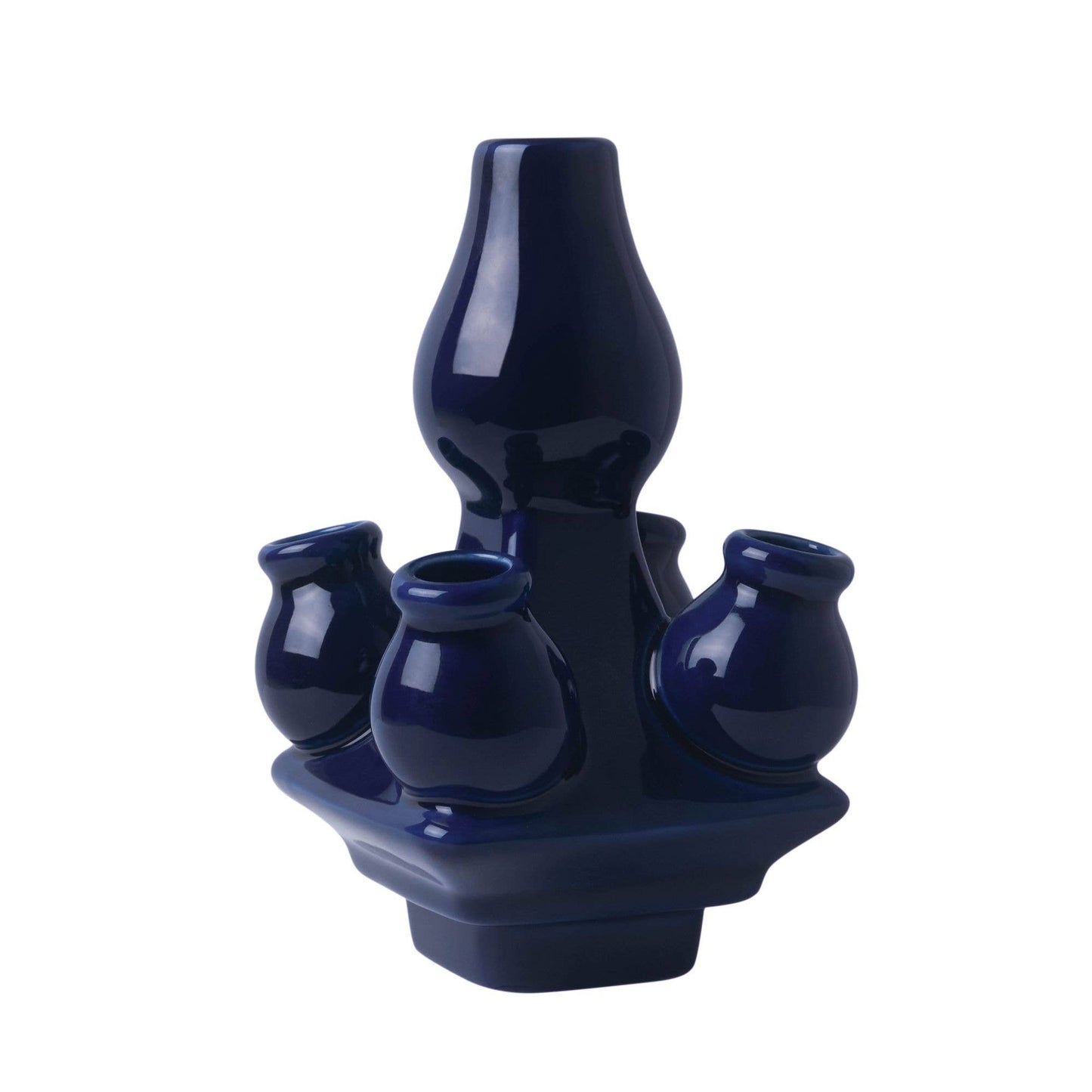 Navy blue ceramic vase with multiple smaller vases on a white background